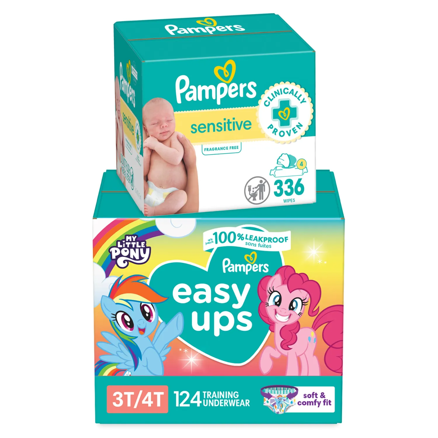 Pampers Easy Ups Pull On Training Pants My Little Pony, 3T-4T, 124 Count with Sensitive Water Based Baby Wipes 4X Pop-Top Packs (336 Count)