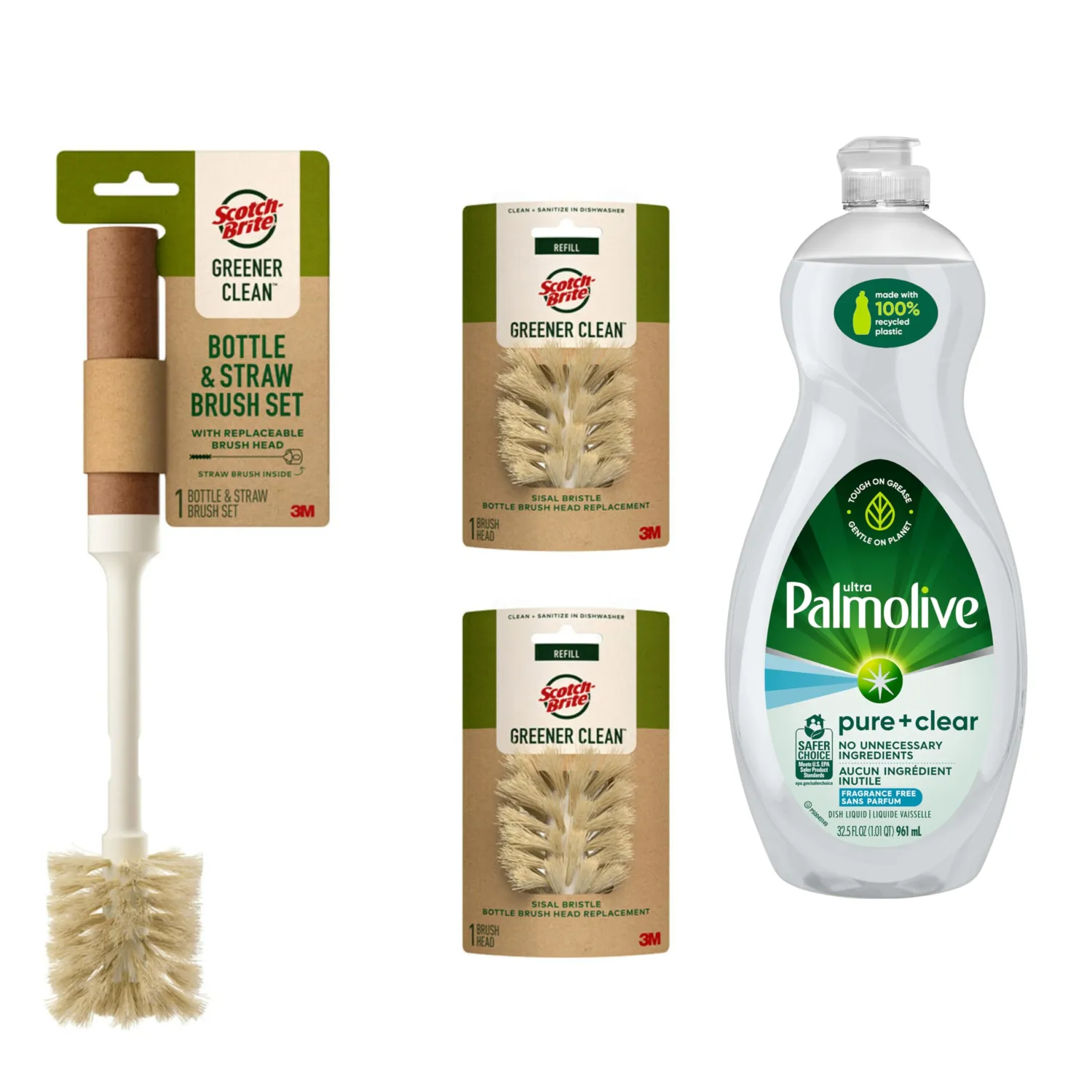 Palmolive Fragrance-Free Dish Soap with Scotch-Brite Bottle & Straw Brush Set