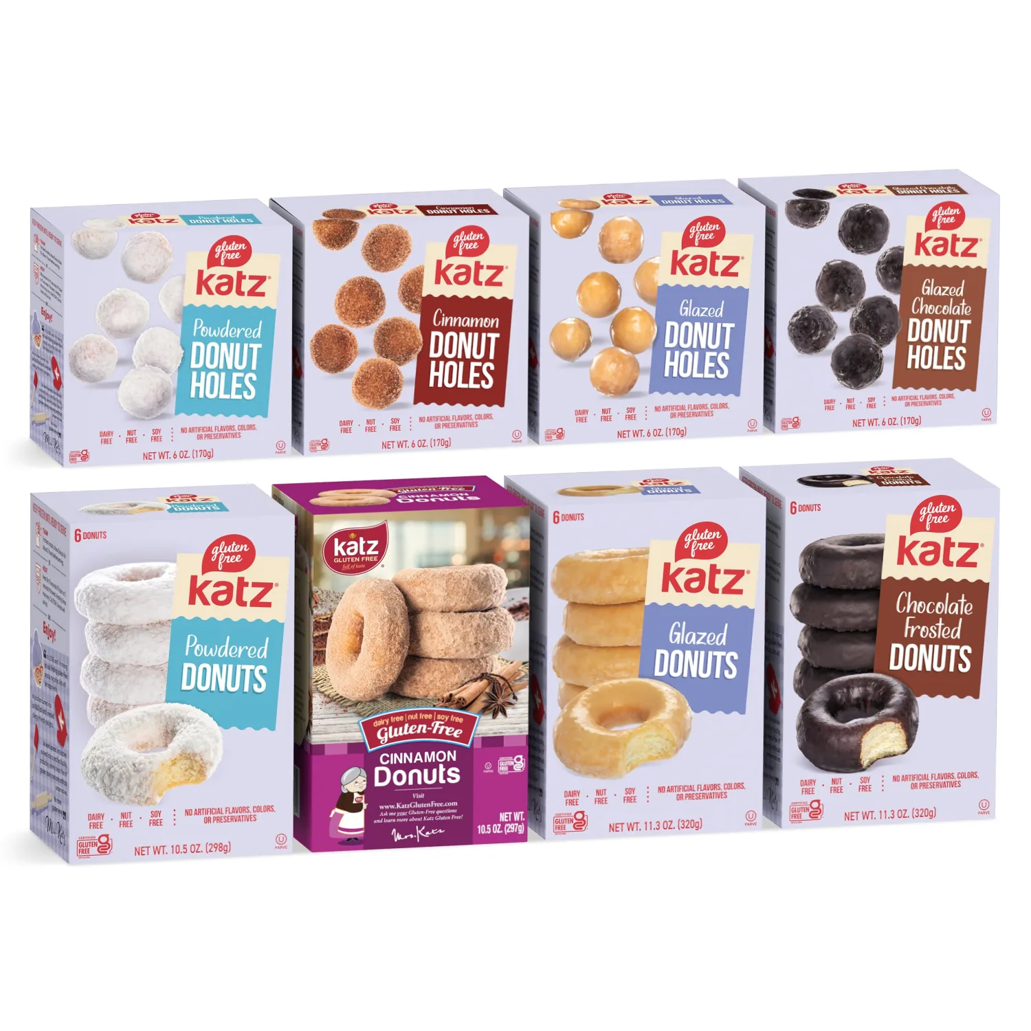 Katz Gluten Free Donuts & Donut Holes Top 8 Flavors Variety Pack | Gluten Free, Dairy Free, Soy Free, Nut Free | Powdered, Glazed, Cinnamon, Glazed Chocolate | Kosher (1 Pack of each, 8 Total))