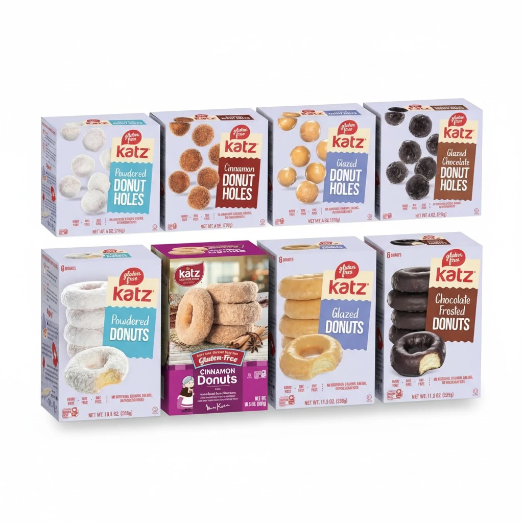 Katz Gluten Free Donuts & Donut Holes Top 8 Flavors Variety Pack | Gluten Free, Dairy Free, Soy Free, Nut Free | Powdered, Glazed, Cinnamon, Glazed Chocolate | Kosher (1 Pack of each, 8 Total))