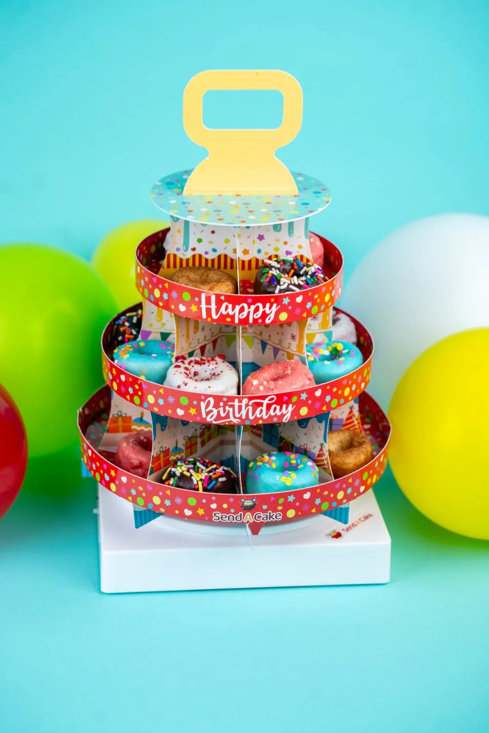 SendaCake Happy Birthday Donut Tower, Ready to Gift, No Assembly Required with Birthday Spinning Music - 20 Individually Wrapped Mini Cake Donuts - Birthday, Holiday, Special Occasion – Birthday Gift for Women, Men, Adults, Kids