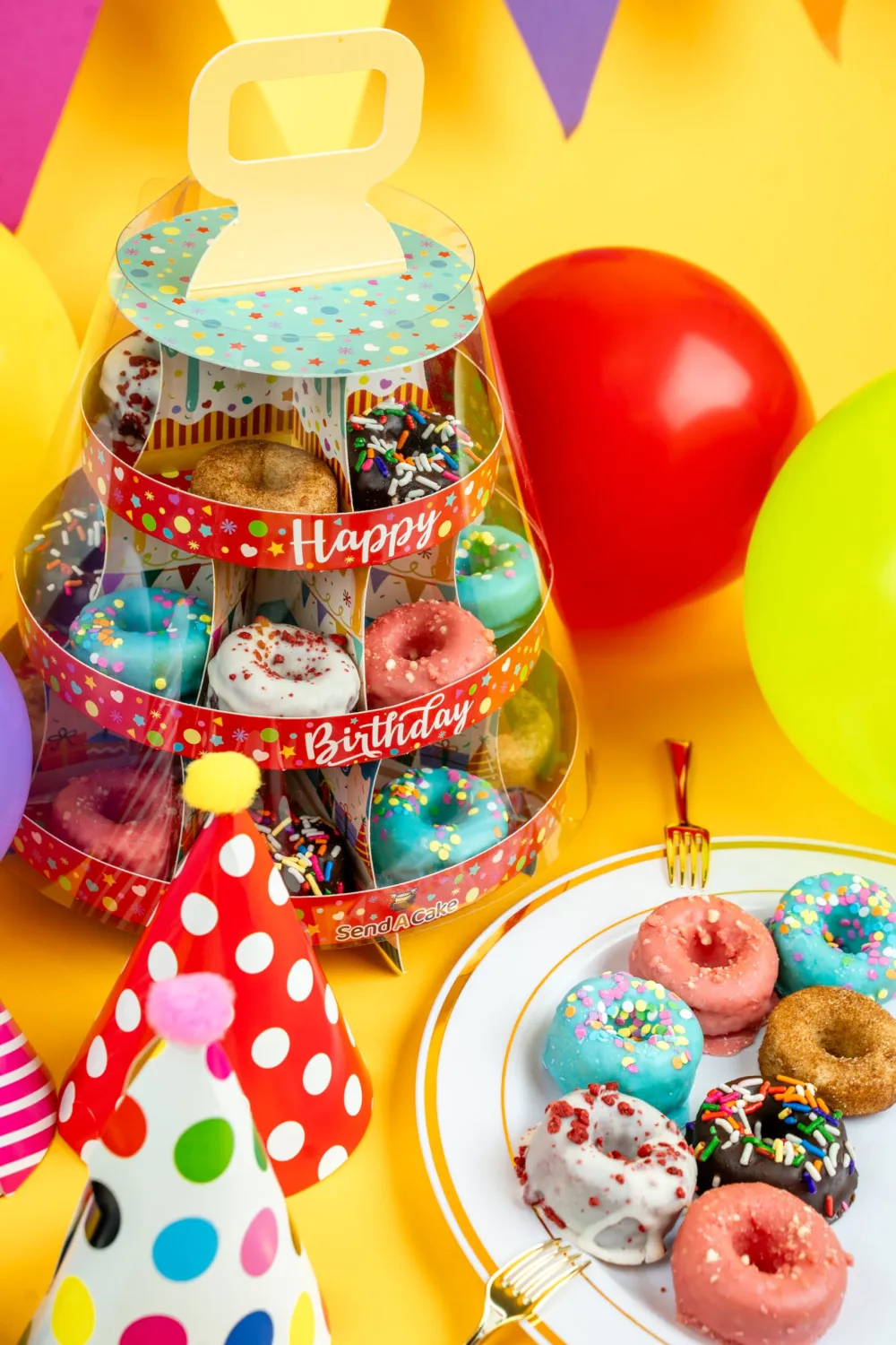 SendaCake Happy Birthday Donut Tower, Ready to Gift, No Assembly Required with Birthday Spinning Music - 20 Individually Wrapped Mini Cake Donuts - Birthday, Holiday, Special Occasion – Birthday Gift for Women, Men, Adults, Kids