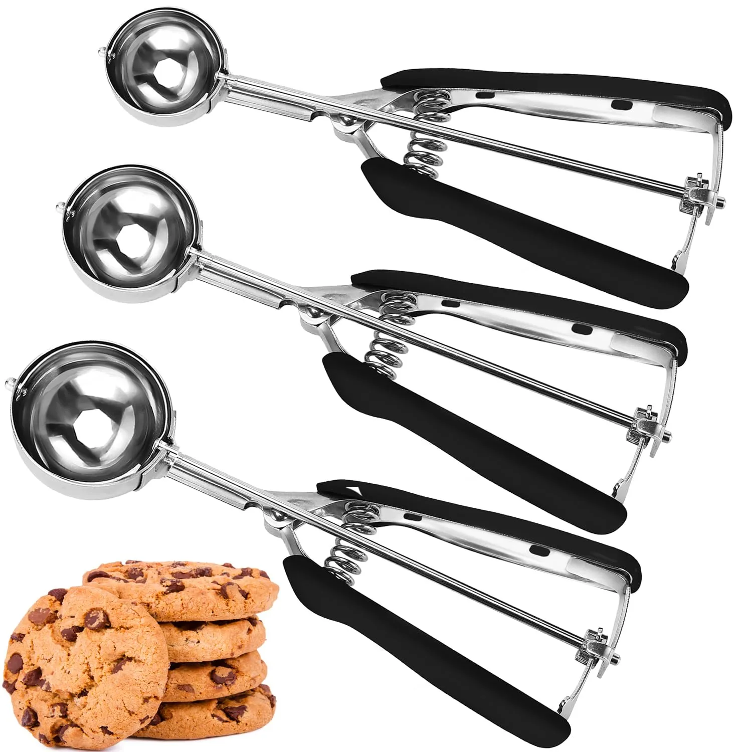 Cookie Scoop Set, Cookie Scoops for Baking Set of 3, Cookie Dough Scoop, 1 Tablespoon/ 2 Tablespoon/ 3 Tablespoon, Black Handle, For Cookie, Cupcake, Muffin, Ice Cream,Truffles