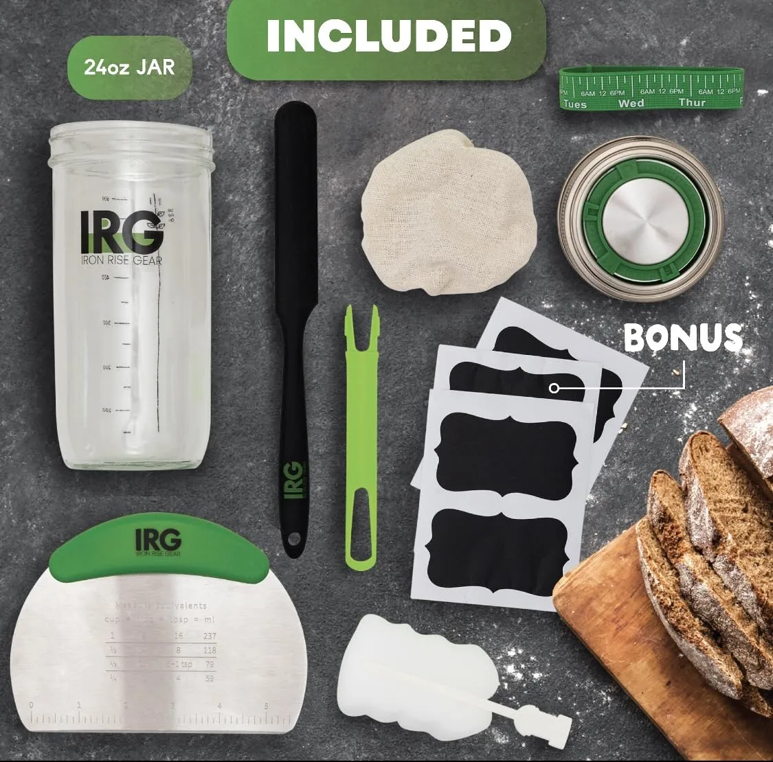 Sourdough Bread Baking Supplies, 24oz, Sourdough Starter Jar, Sourdough Starter Kit w/ Date Marked Feeding Band, Sour Dough, Sewn Cloth Cover, Sourdough Starter Jar Glass, Sour Dough Starter Beginners