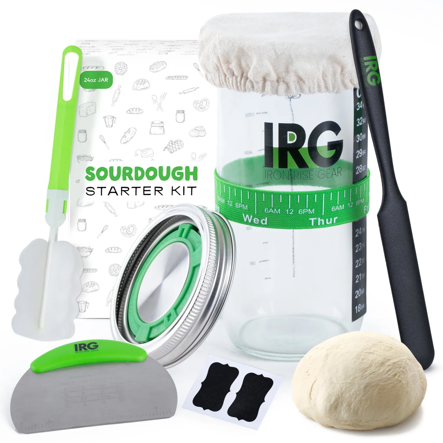 Sourdough Bread Baking Supplies, 24oz, Sourdough Starter Jar, Sourdough Starter Kit w/ Date Marked Feeding Band, Sour Dough, Sewn Cloth Cover, Sourdough Starter Jar Glass, Sour Dough Starter Beginners
