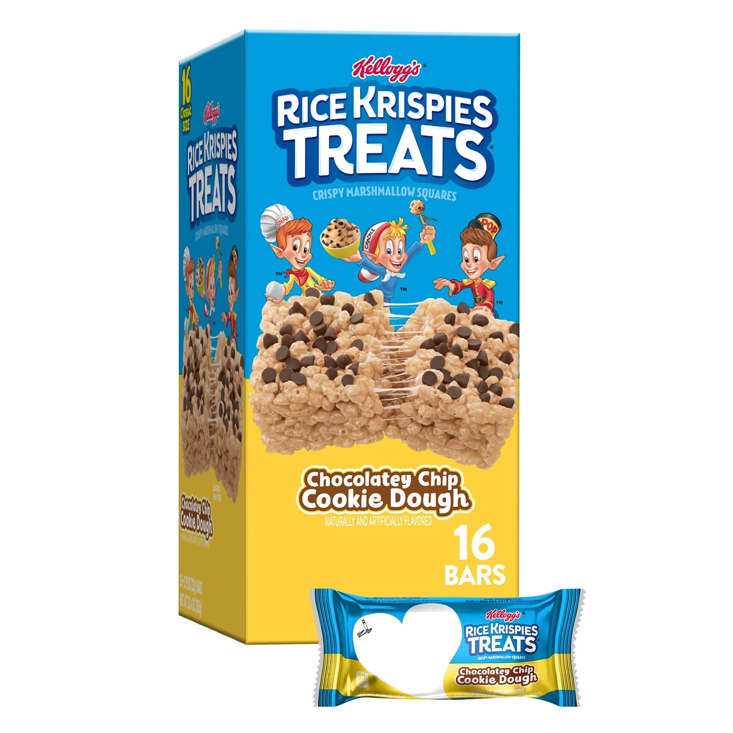 Rice Krispies Treats Marshmallow Snack Bars, Lunch Snacks, Chocolatey Chip Cookie Dough, 12.4oz Box (16 Count)