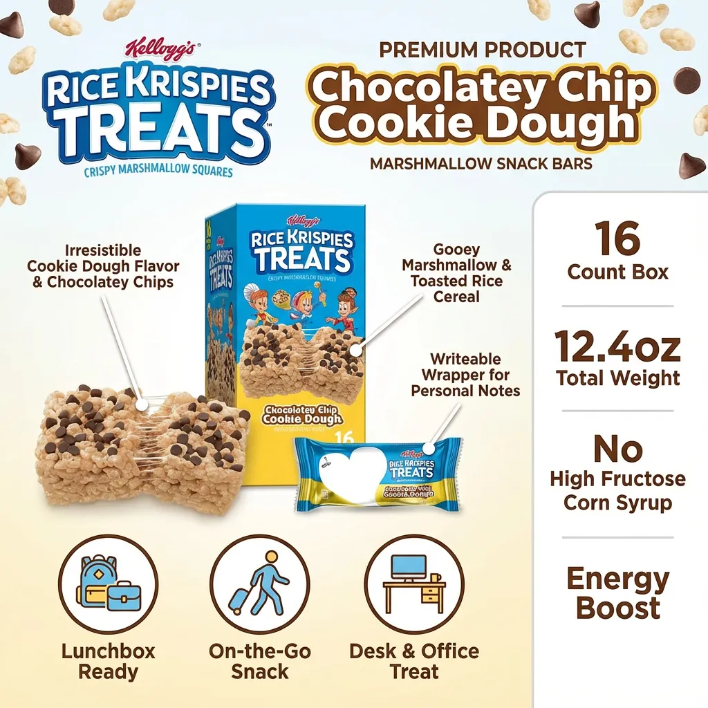 Rice Krispies Treats Marshmallow Snack Bars, Lunch Snacks, Chocolatey Chip Cookie Dough, 12.4oz Box (16 Count)