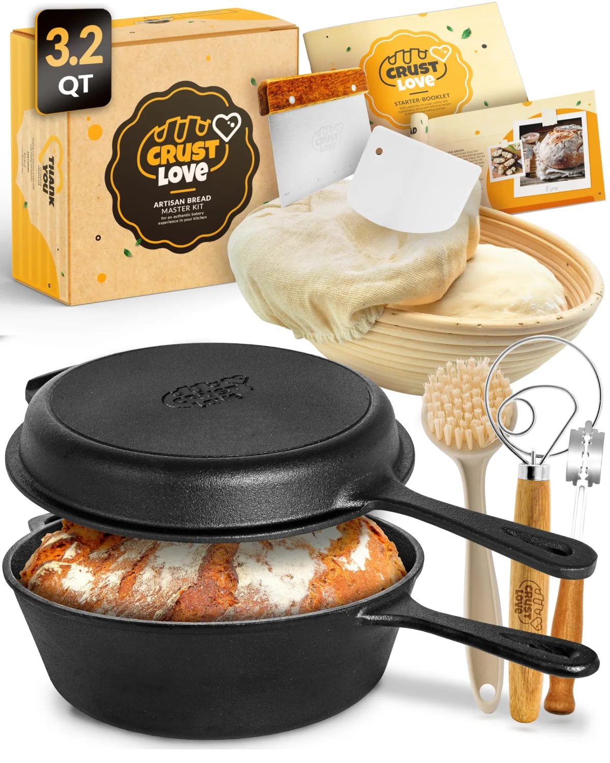 Cast Iron Dutch Oven for Bread Baking - incl. Sourdough Bread Baking Supplies like Banneton Bread-Proofing Basket - 3.2QT Bread-Oven with Lid and handles -Bread pan, Bread-Banking Pan