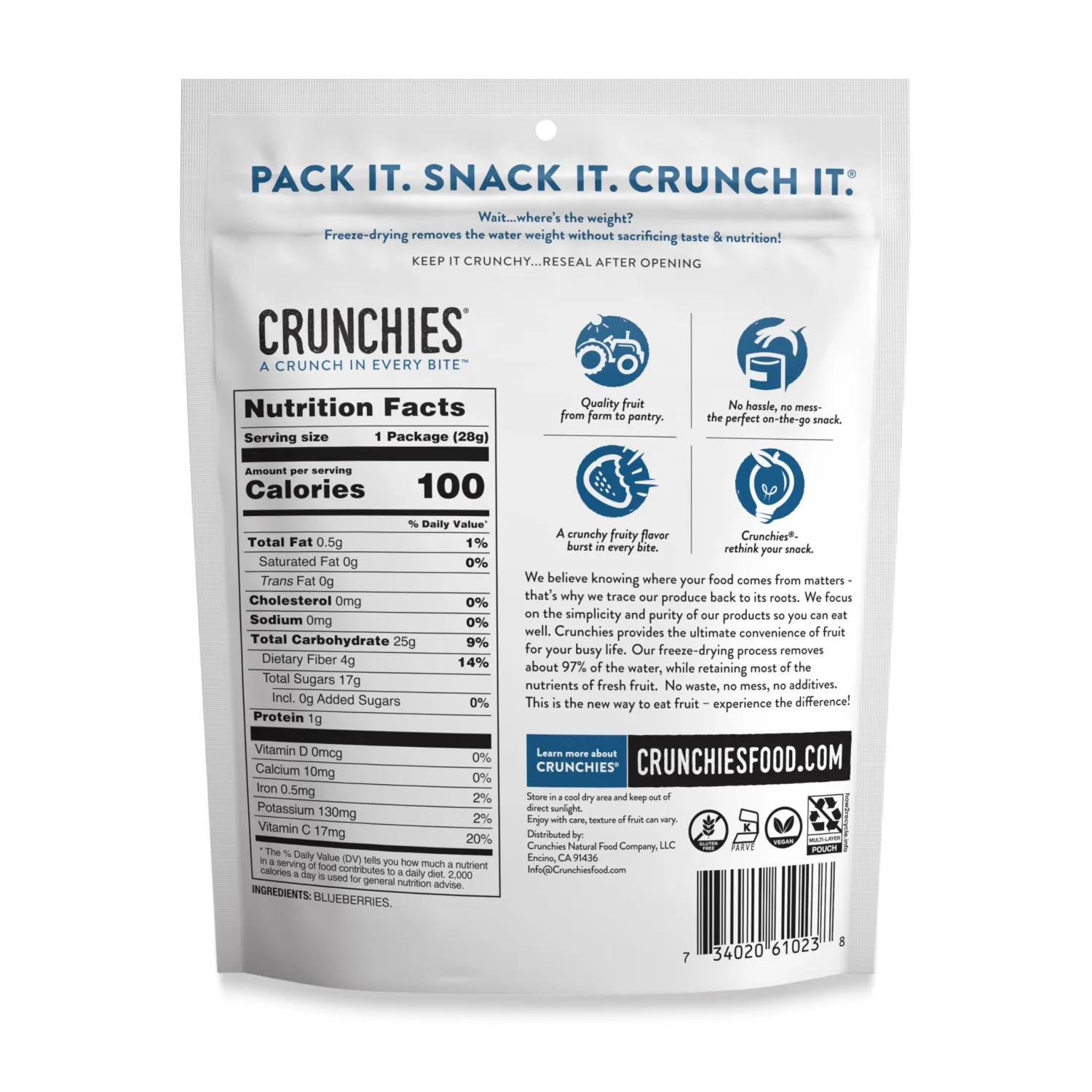 Crunchies Freeze-Dried Fruits, 100% All Natural Crispy Fruit, Non GMO and Kosher, Resealable Freeze Dried Fruit Snack Packs, Pack of 6 (Blueberries)