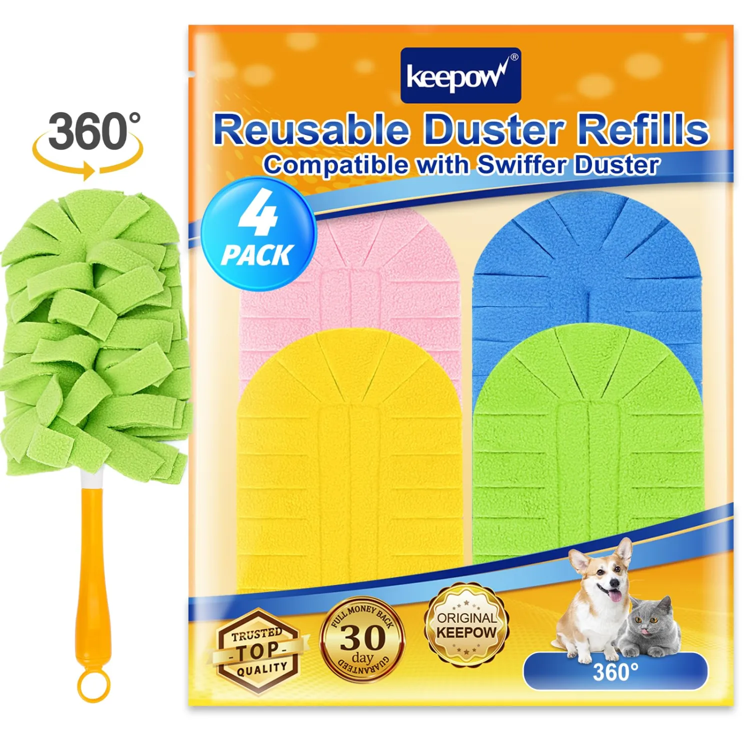 KEEPOW Reusable Duster Refill Fit for Swiffer Duster Extended Handle, Heavy Duty Duster Refills, Microfiber Dusters for Cleaning Fleece Refills Hardwoods Window, 4 Pack (Handle is Not Included)