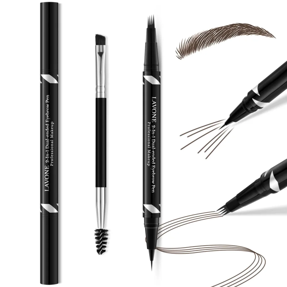 LAVONE 2-IN-1 Dual-ended Waterproof Eyebrow Pencil, 4 Tip Microblading Pen & Ultra-Precise Brow Pencil, Dual-ended Eyebrow Brush, Ebony