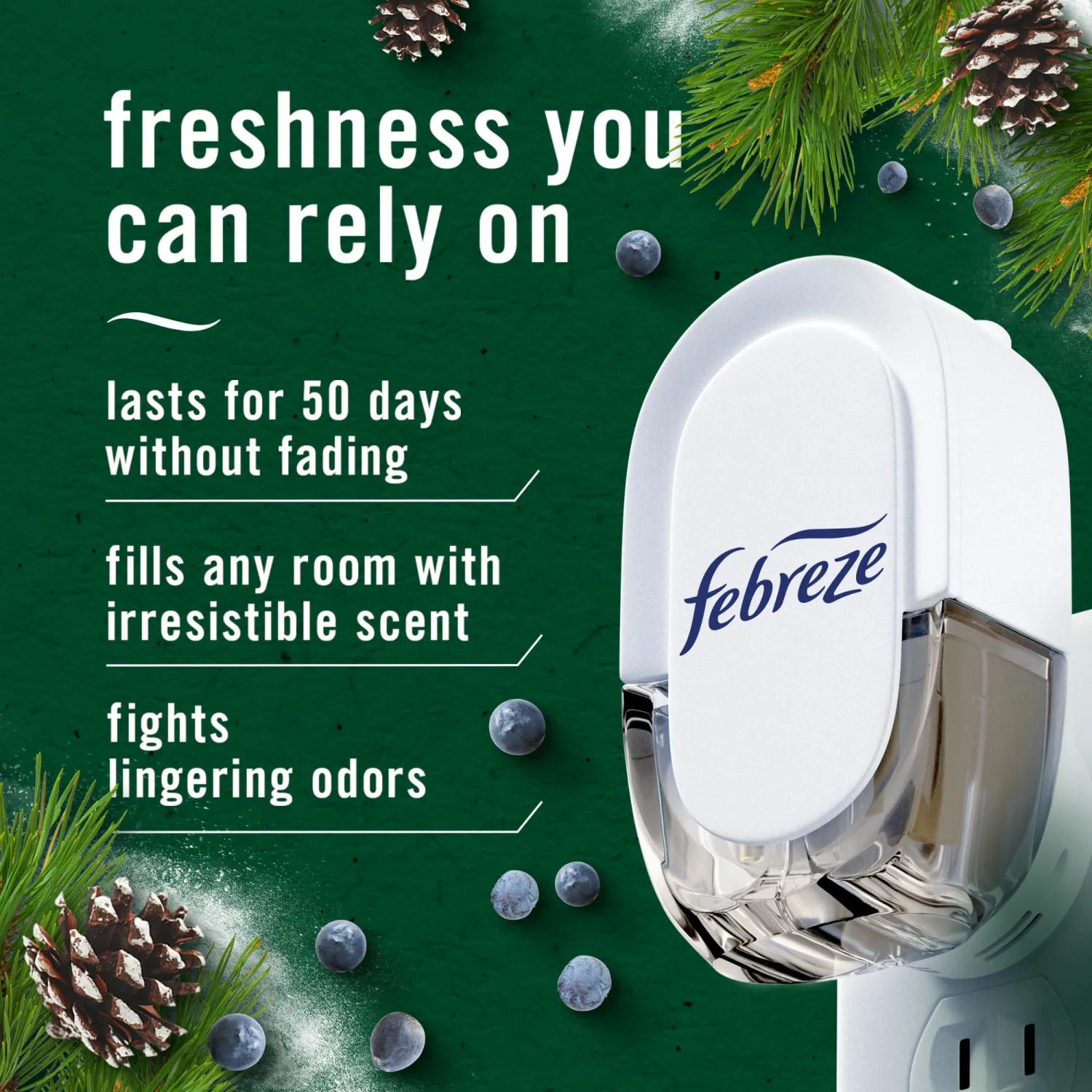 Febreze Odor-Fighting Fade Defy PLUG Air Freshener White Pine & Juniper Berry, 0.87oz Oil Refill, 2 Count