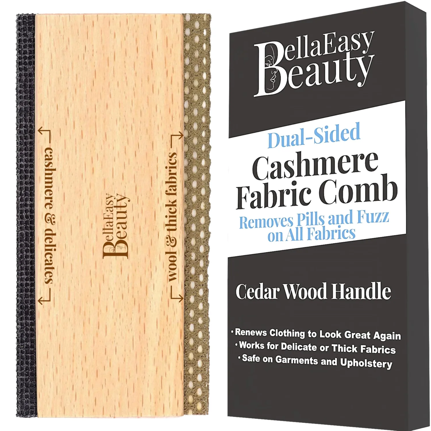 Cashmere Comb for De-Pilling Sweaters - Remove Pills, Lint, and Fuzz from Wool Garments - Dual-Sided Fabric Comb with Cedar Wood Handle