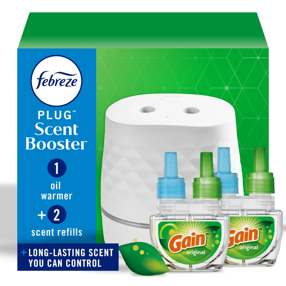 Febreze PLUG Scent Booster Starter Kit, Oil Diffuser, Air Freshener Plug In, Continuous Scent Device + 2 Gain Original Refills