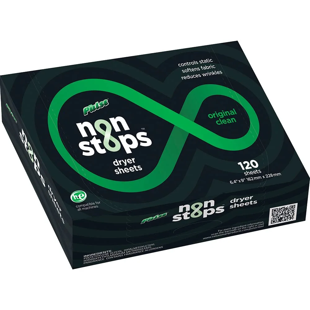 PULSE Non Stops Dryer Sheets - Original Clean Scented Laundry Fabric Softener Sheets - Reduces Wrinkles - Controls Static - Softens Fabric (120 Count)