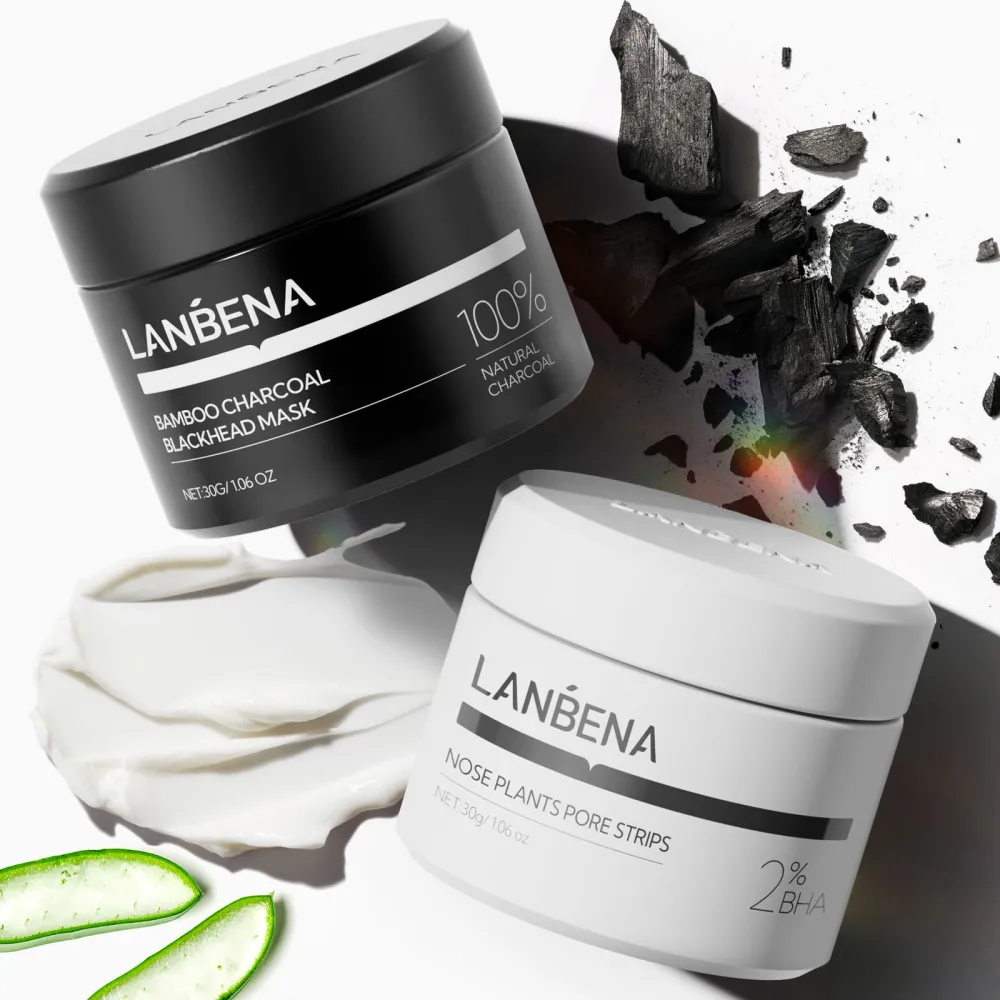 LANBENA 2 PCS Pore Strips, 2% BHA(Salicylic Acid) Nose Pore Strips 2.0 + Bamboo Charcoal Blackheads Remover Peel off Mask 3.0, Plants Pore Cleanser Purifying, added Zincian White Clay, Oil Control