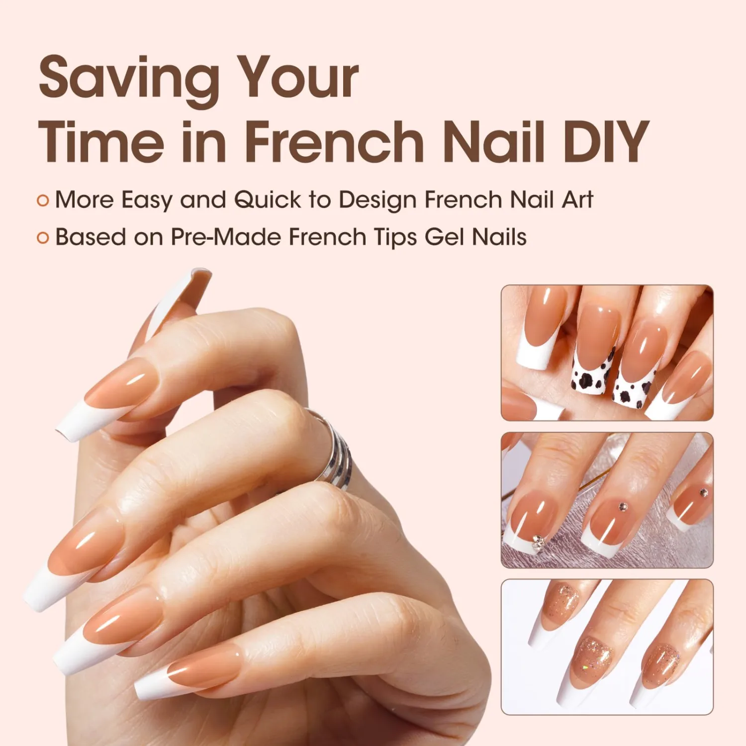 Gellen French Soft Gel Nail Tips - Medium Coffin White French Tip Press on Nails Brown 15 sizes, 3 in 1 Pre-french Gel Nail Tips 150 pcs Full Cover Fake Nails for Art