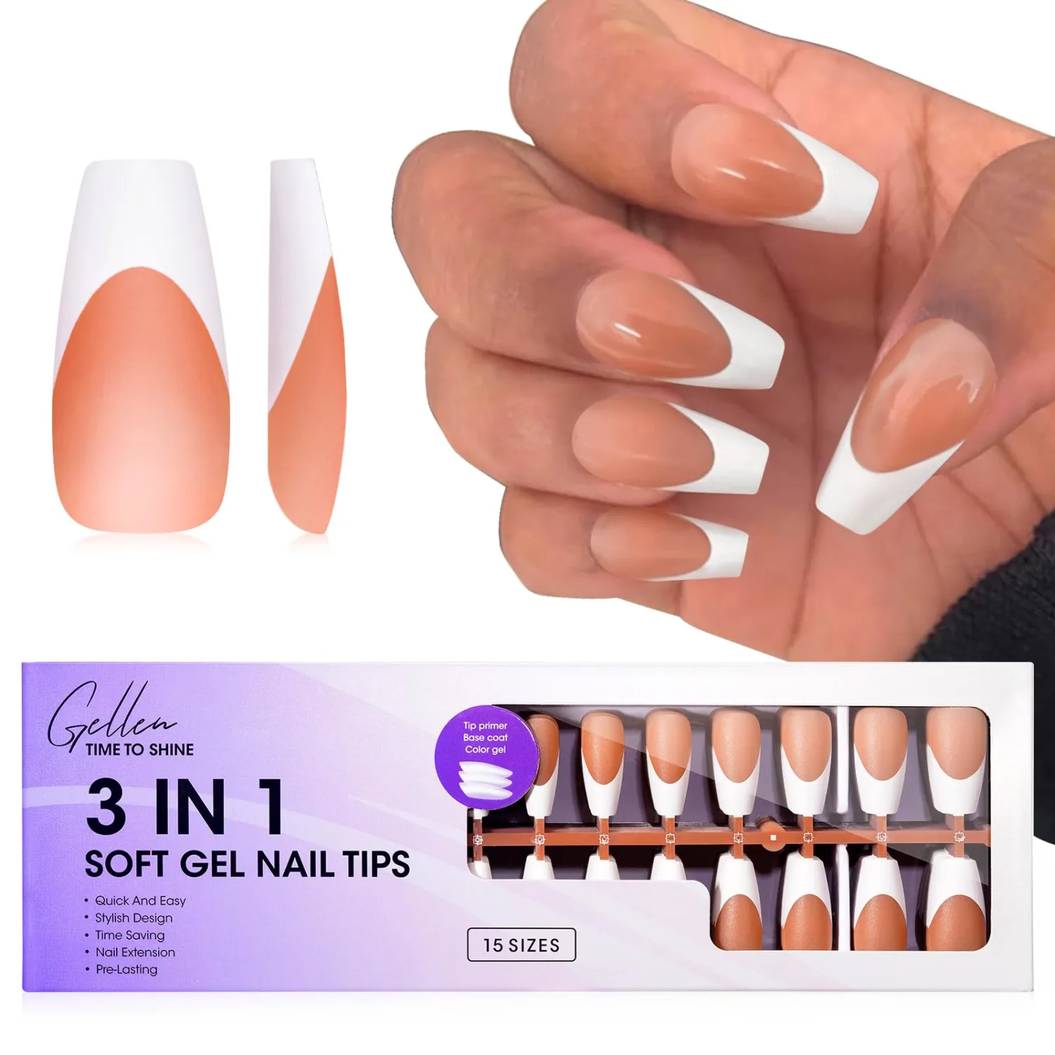 Gellen French Soft Gel Nail Tips - Medium Coffin White French Tip Press on Nails Brown 15 sizes, 3 in 1 Pre-french Gel Nail Tips 150 pcs Full Cover Fake Nails for Art
