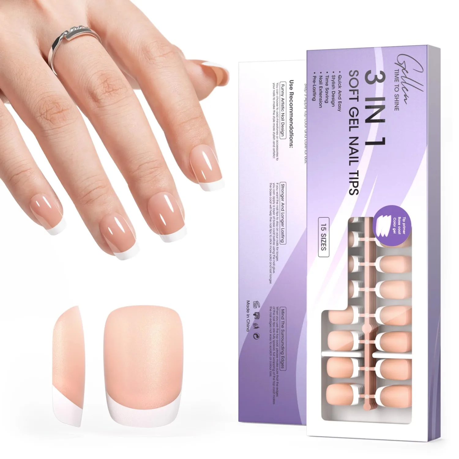 Gellen Brwon Press on Nails French Tip - 150pcs French Tip Acrylic Nails Short Square, 3 in 1 Pre-french Gel Nail Tips 15 Sizes Short French Tip Nails, No Need to File Full Cover Tips