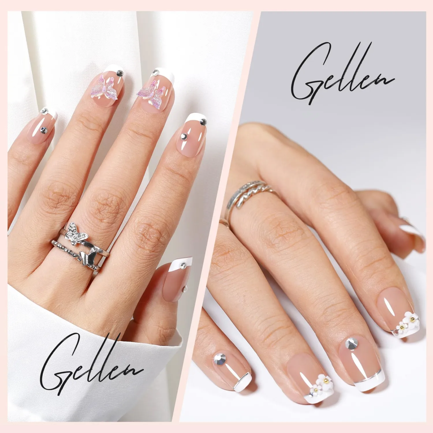 Gellen Brwon Press on Nails French Tip - 150pcs French Tip Acrylic Nails Short Square, 3 in 1 Pre-french Gel Nail Tips 15 Sizes Short French Tip Nails, No Need to File Full Cover Tips