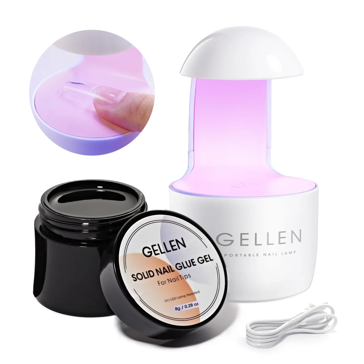 Gellen Solid Nail Glue Gel Kit, 8g Gel Glue and 8w Mini UV Light LED Lamp for Nail Cured, for Acrylic Fake Nail Tips, for Nails Salon Art DIY at Home