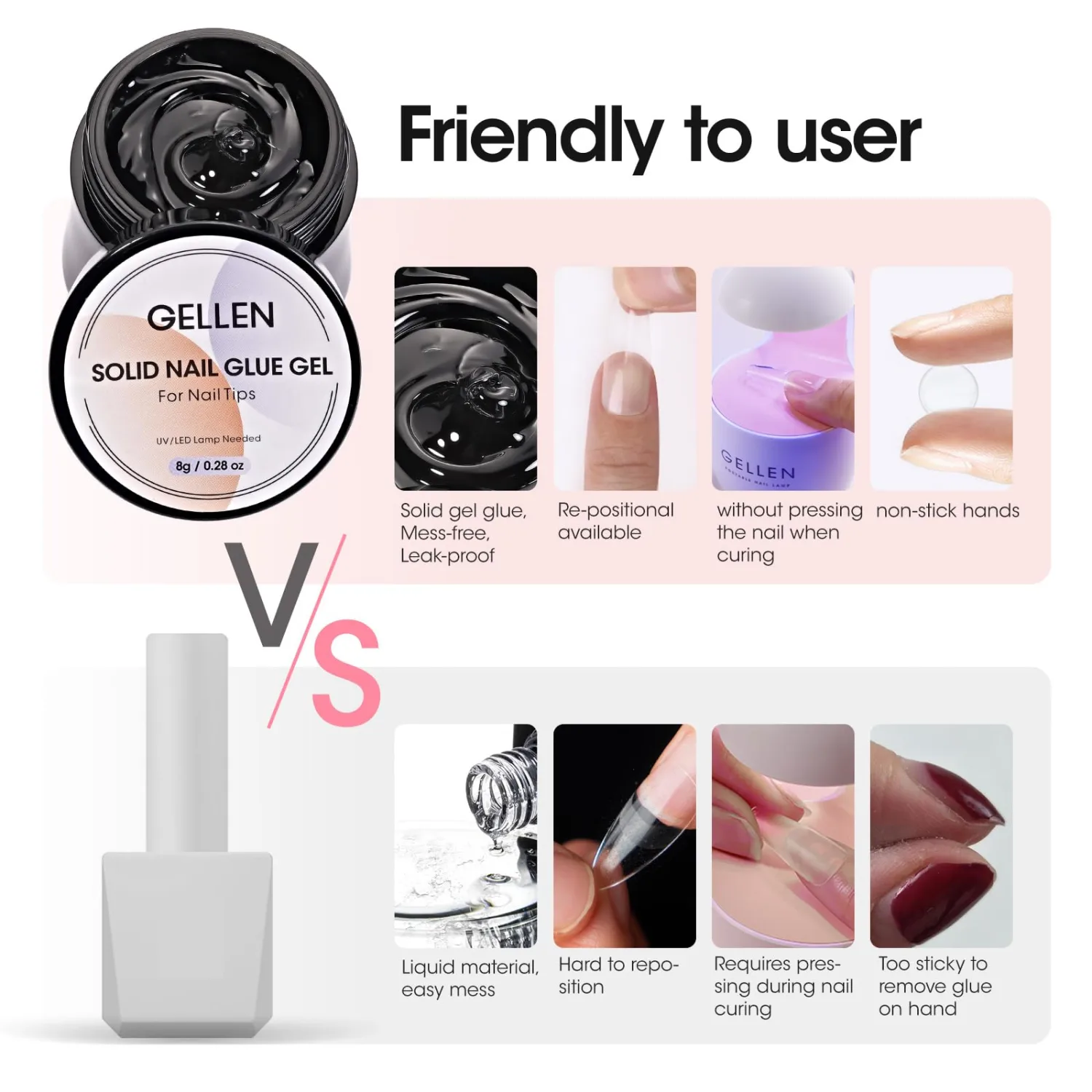 Gellen Solid Nail Glue Gel Kit, 8g Gel Glue and 8w Mini UV Light LED Lamp for Nail Cured, for Acrylic Fake Nail Tips, for Nails Salon Art DIY at Home