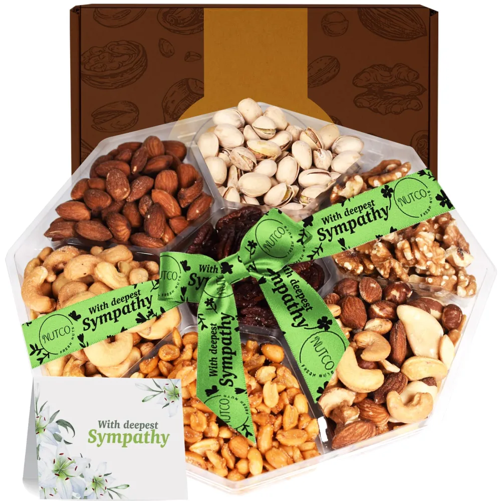 Gourmet Collection - Mixed Nut Gift Basket With Greeting Card By Nutco 7 Assortments, Arrangement Platter, Care Package - Healthy Kosher USA Made (Sympathy)