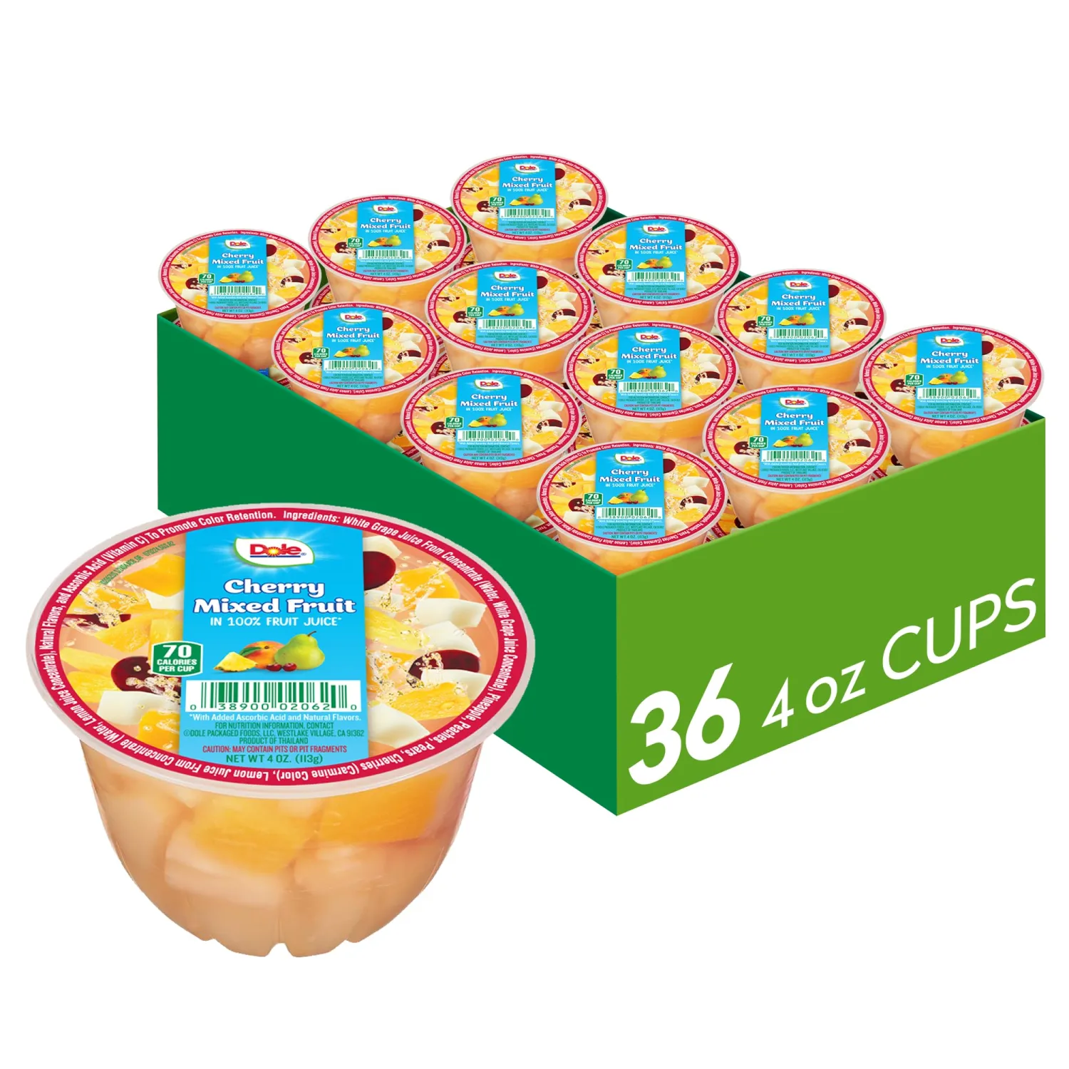 Dole Fruit Bowls Cherry Mixed Fruit in 100% Juice Snacks, 4oz 36 Total Cups, Gluten & Dairy Free, Bulk Lunch Snacks for Kids & Adults