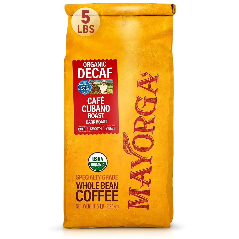 Mayorga Decaf Dark Roast Coffee 5lb Bag Café Swiss Water Decaffeinated Cubano Roast Coffee 100% Arabica Whole Coffee Beans - Smoothest Organic Coffee - Specialty Grade, Non-GMO, Direct Trade