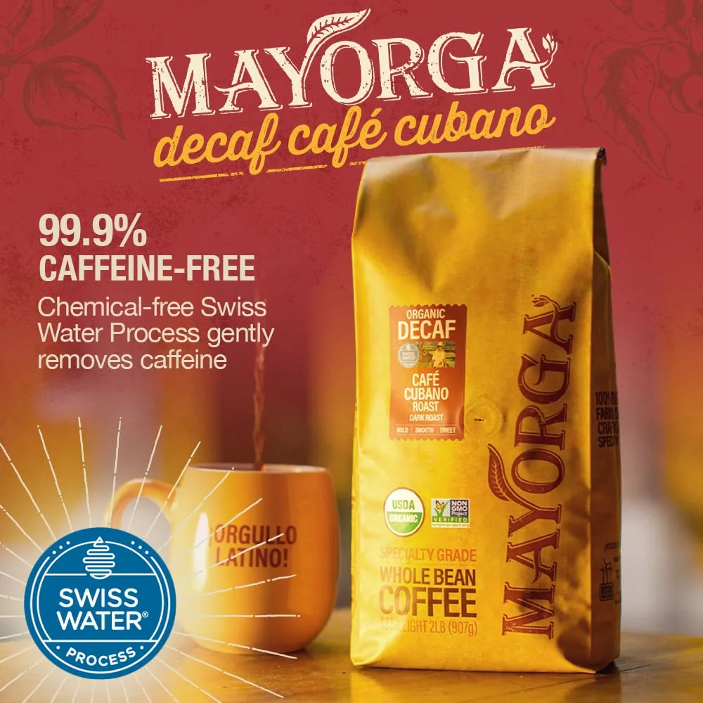 Mayorga Decaf Dark Roast Coffee 5lb Bag Café Swiss Water Decaffeinated Cubano Roast Coffee 100% Arabica Whole Coffee Beans - Smoothest Organic Coffee - Specialty Grade, Non-GMO, Direct Trade
