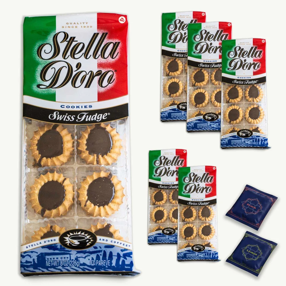 Swiss Fudge Italian Cookies 8oz (6 packs) - Organic Peach, Lemon Yerba Mate Tea (2 bags) - Gourmet Treat Bundle - 8 Items