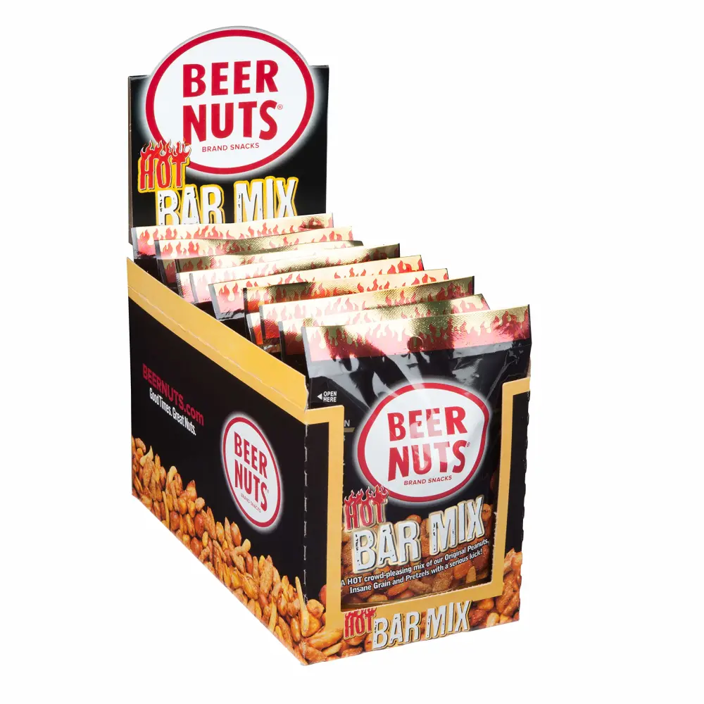 BEER NUTS Habanero Bar Mix - Fiery Hot Habanero Mix Of Peanuts, Corn Sticks & Insane Grain - Individual Bags 12 Pack Box - 2oz Each Bag