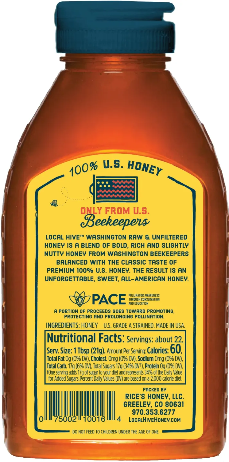 Local Hive Washington Raw Unfiltered Honey – 16 oz, 100% Pure US Honey, Sourced from American Bees and Beekeepers - Natural Sweetener, Ideal for Tea, Baking, and Cooking