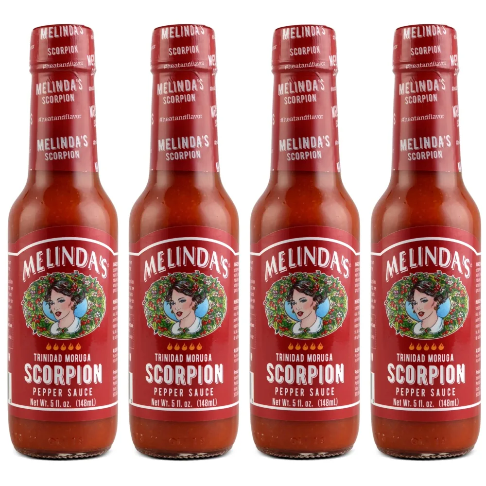 Melinda’s Scorpion Pepper Hot Sauce - Gourmet Scorpion Hot Sauce - Made with Trinidad Moruga Scorpion Pepper, Carrots, Onion & Lime Juice - Keto, Kosher, Vegan, Gluten Free Hot Sauce - 5oz, 4 Pack