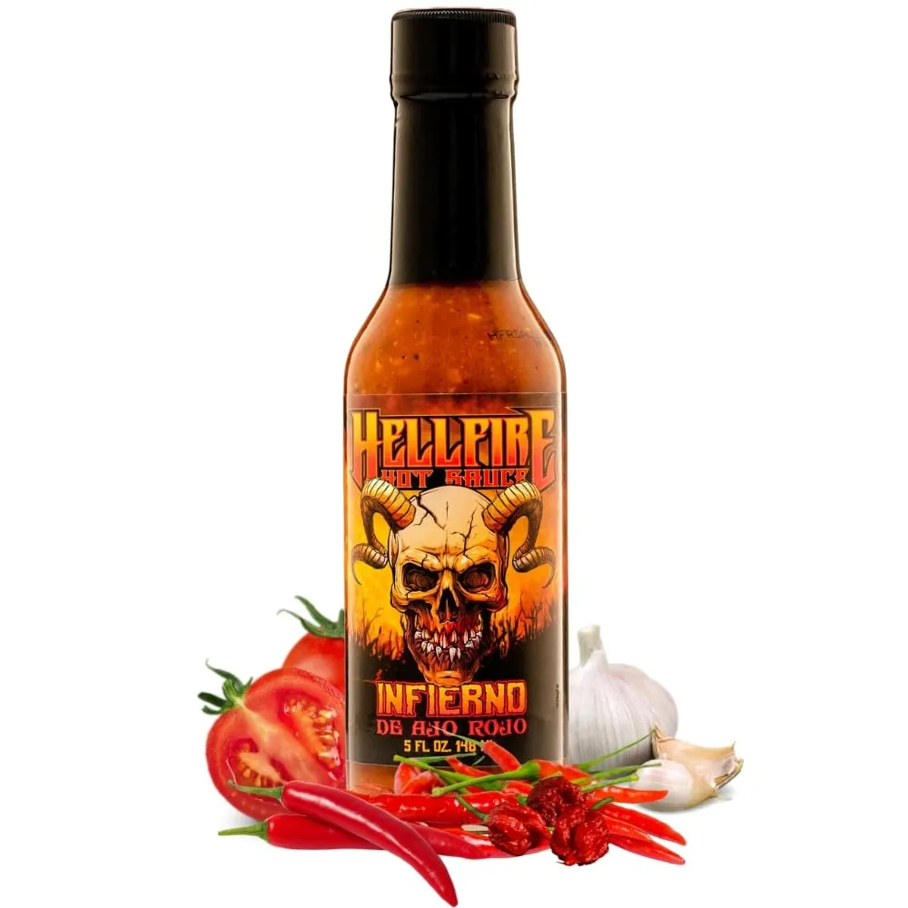 Hellfire Hot Sauce Infierno De Ajo Rojo - Gourmet Red Salsa Hot Sauce With Garlic and Carolina Reaper Peppers, 5 oz.