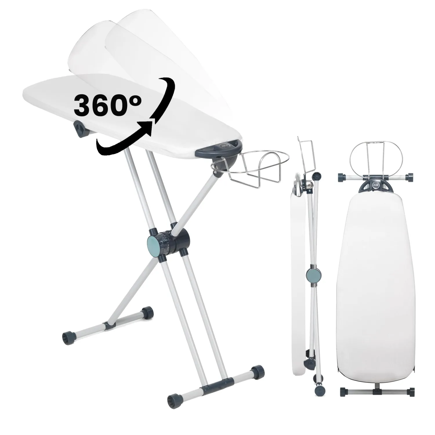Dazzl 360-Degree Roto-Flip EZ20 Essential Ironing Board - Dual-Sided, Slim Iron Board Top with 8-Level Adjustable Height, Detachable Iron Holder, & Non-Slip Feet - HDPE Ironing Board Full Size