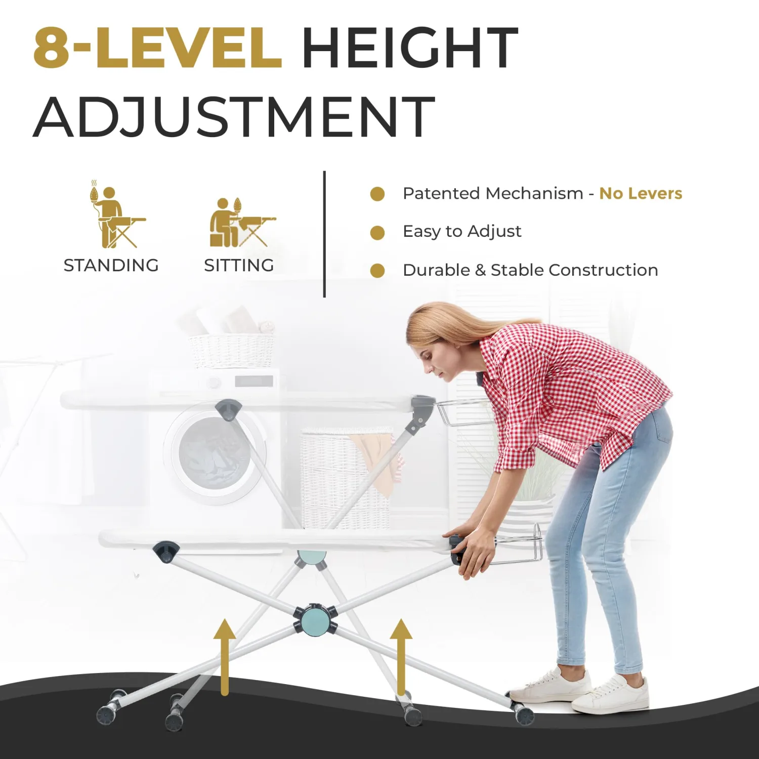 Dazzl 360-Degree Roto-Flip EZ20 Essential Ironing Board - Dual-Sided, Slim Iron Board Top with 8-Level Adjustable Height, Detachable Iron Holder, & Non-Slip Feet - HDPE Ironing Board Full Size