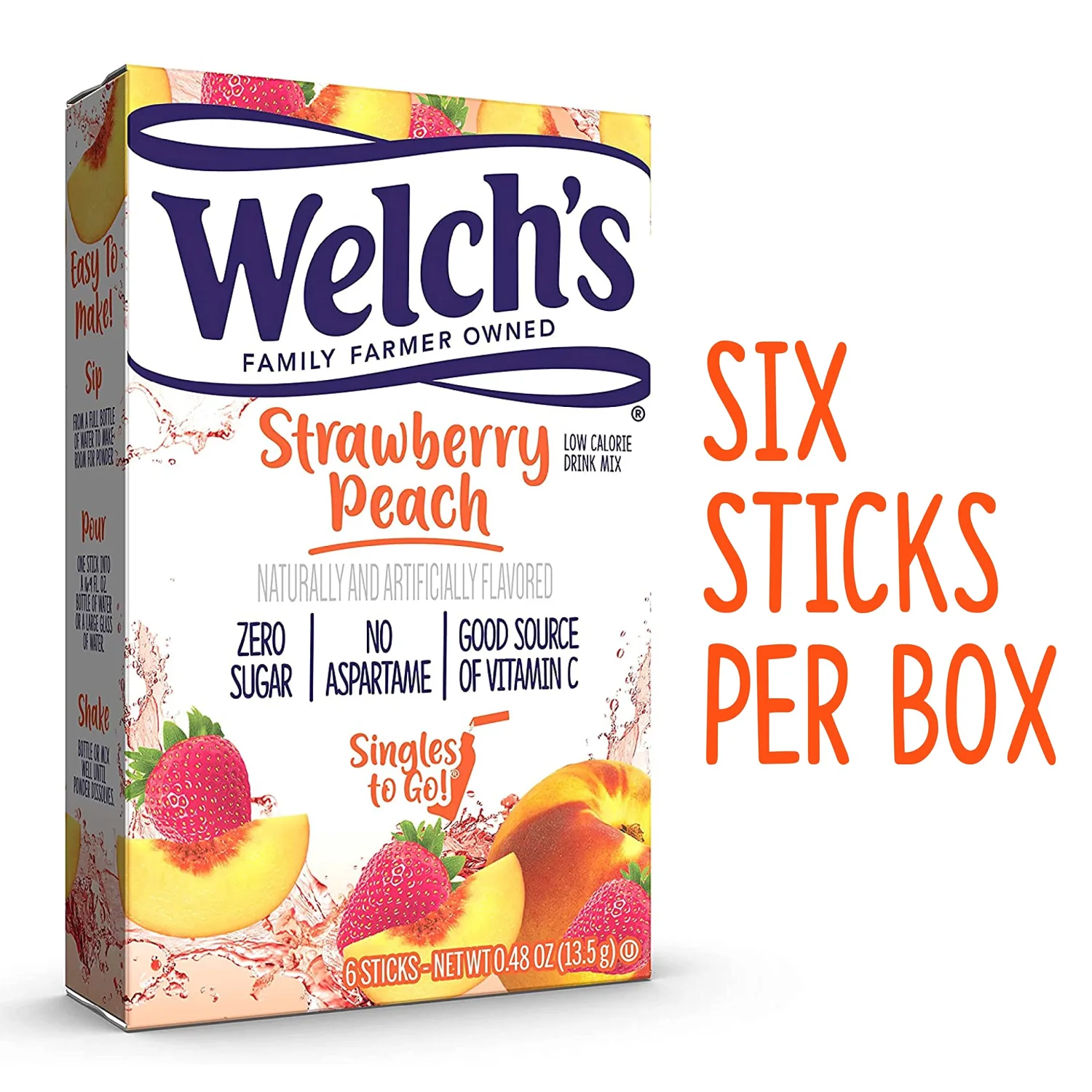 Welch's Singles To Go Water Drink Mix - Powder Stick Packets, Strawberry Peach, 6 Packets per Box, 12 Boxes for 72 Total Packets