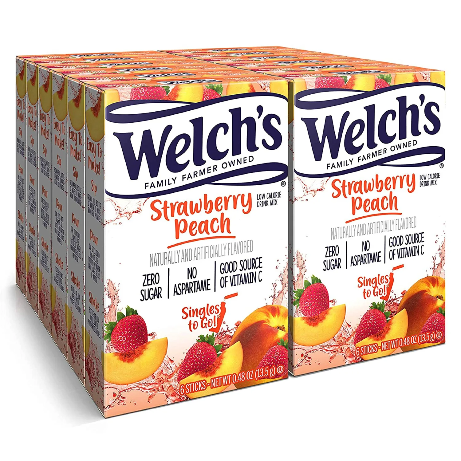 Welch's Singles To Go Water Drink Mix - Powder Stick Packets, Strawberry Peach, 6 Packets per Box, 12 Boxes for 72 Total Packets
