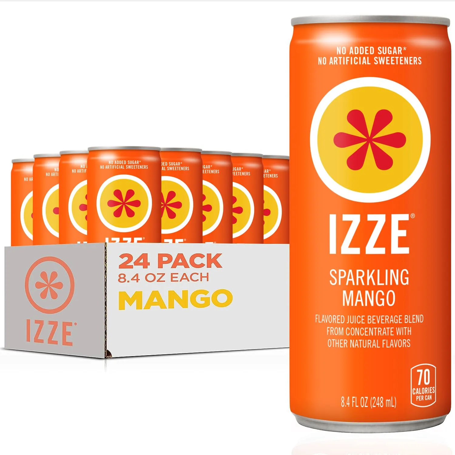 IZZE Sparkling Juice Beverage Blend, Mango, No Sugar Added, 8.4 FL OZ, 24 Cans