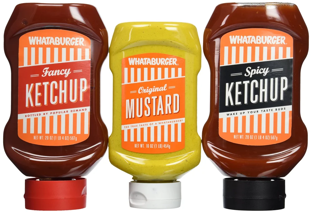 Whataburger Condiments (Pack of 3) (Trio Sampler Pack 1-Mustard 16oz, 1-Original and 1-Spicy Ketchup 20oz ea.)