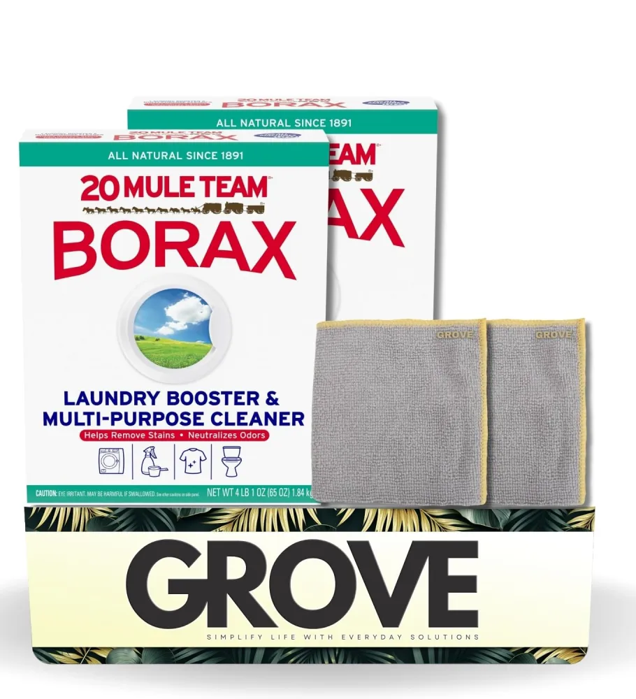 20 Mule Team Borax Detergent Booster and Household Cleaner Powder 4 lb Bundle with Microfiber Cloth - Boosts Detergent Power -Controls Odors - Softens Water - All-Natural Cleaning - (4 Items)