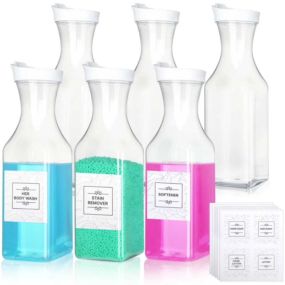 6 Pcs Laundry Detergent Dispenser 53 oz Laundry Soap Dispenser Fabric Softener Dispenser with 20 Label Liquid Detergent Dispenser Laundry Room Organization for Powder Bleach Scent Booster Beads