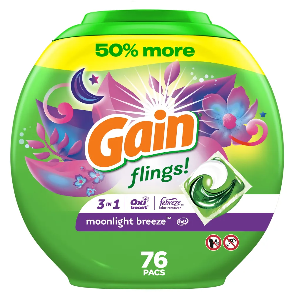 Gain flings Laundry Detergent Soap Pacs, HE Compatible, Long Lasting Scent, Moonlight Breeze Scent, 76 Count