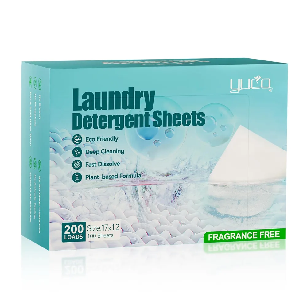 YUCO Laundry Sheets Detergent Unscented 200 Loads Fragrance Free, Eco Friendly Laundry Washer Sheets Detergent, Liquidless Laundry Soap Sheets, Hypoallergenic, Plastic Free