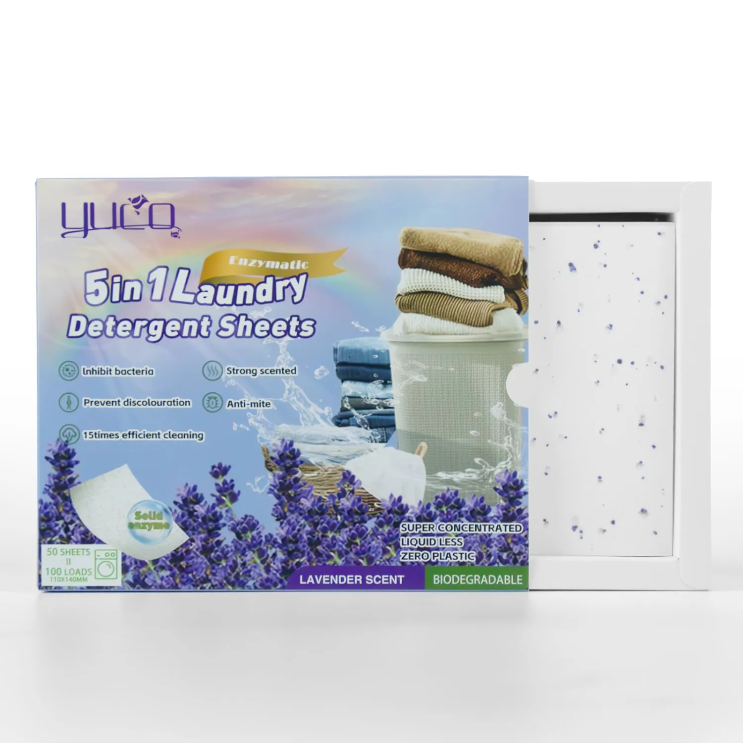 YUCO Laundry Sheets Detergent Lavender Scented 100 Loads, 5 in 1 Eco Friendly Washer Sheets Detergent for Travel, Hypoallergenic and Plastic Free