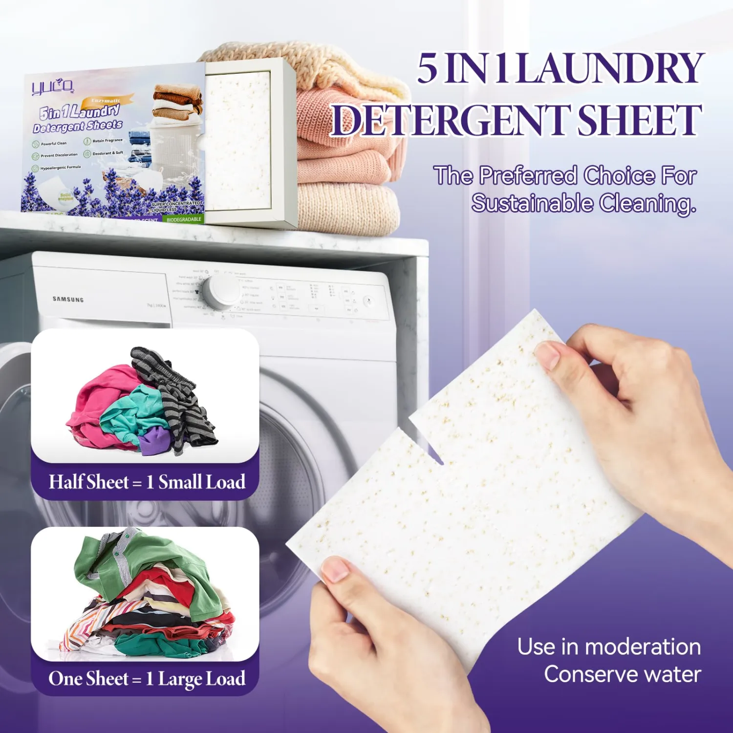 YUCO Laundry Sheets Detergent Lavender Scented 100 Loads, 5 in 1 Eco Friendly Washer Sheets Detergent for Travel, Hypoallergenic and Plastic Free