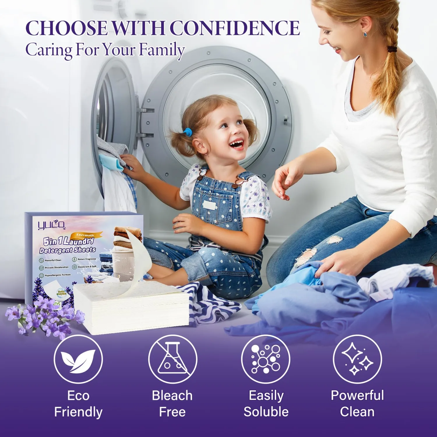 YUCO Laundry Sheets Detergent Lavender Scented 100 Loads, 5 in 1 Eco Friendly Washer Sheets Detergent for Travel, Hypoallergenic and Plastic Free