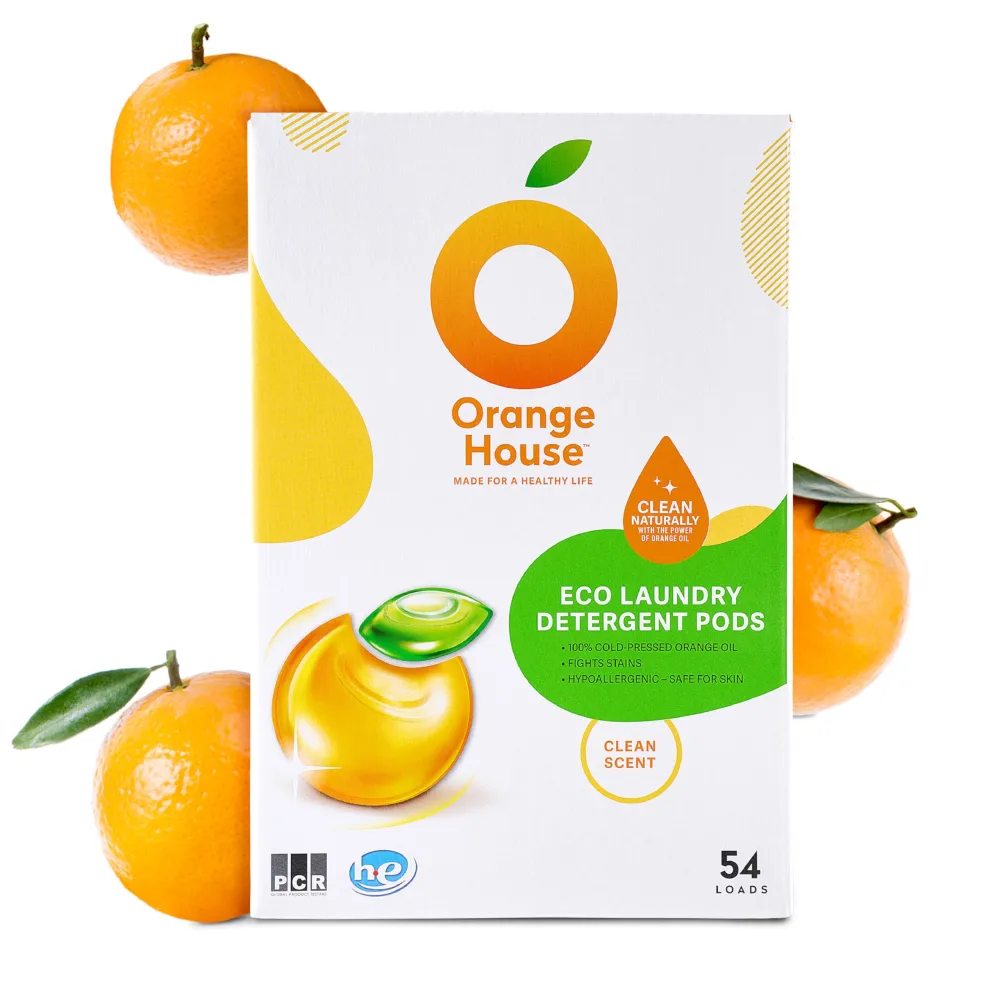 Orange House Laundry Detergent Pods, Natural Orange Oil, Plant-Based Detergent Pods, Hypoallergenic, Free & Clear, 54 Count, HE Compatible and All Washer