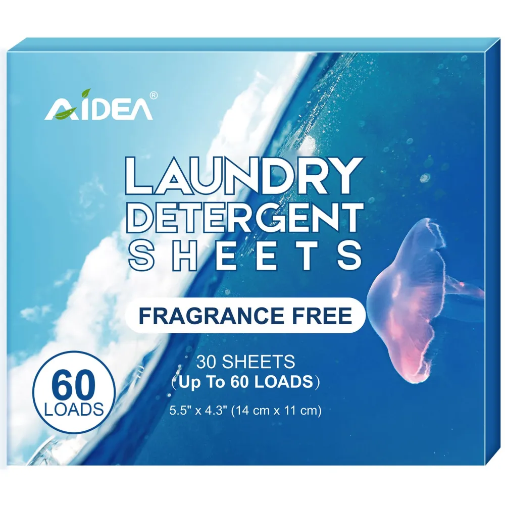 AIDEA Laundry Detergent Sheets, Unscented-(60 Loads) 30 Sheets, Laundry Sheets Detergent, No Plastic Jug, Lightweight & Easy To Use For Travel, Apartments, Dorms